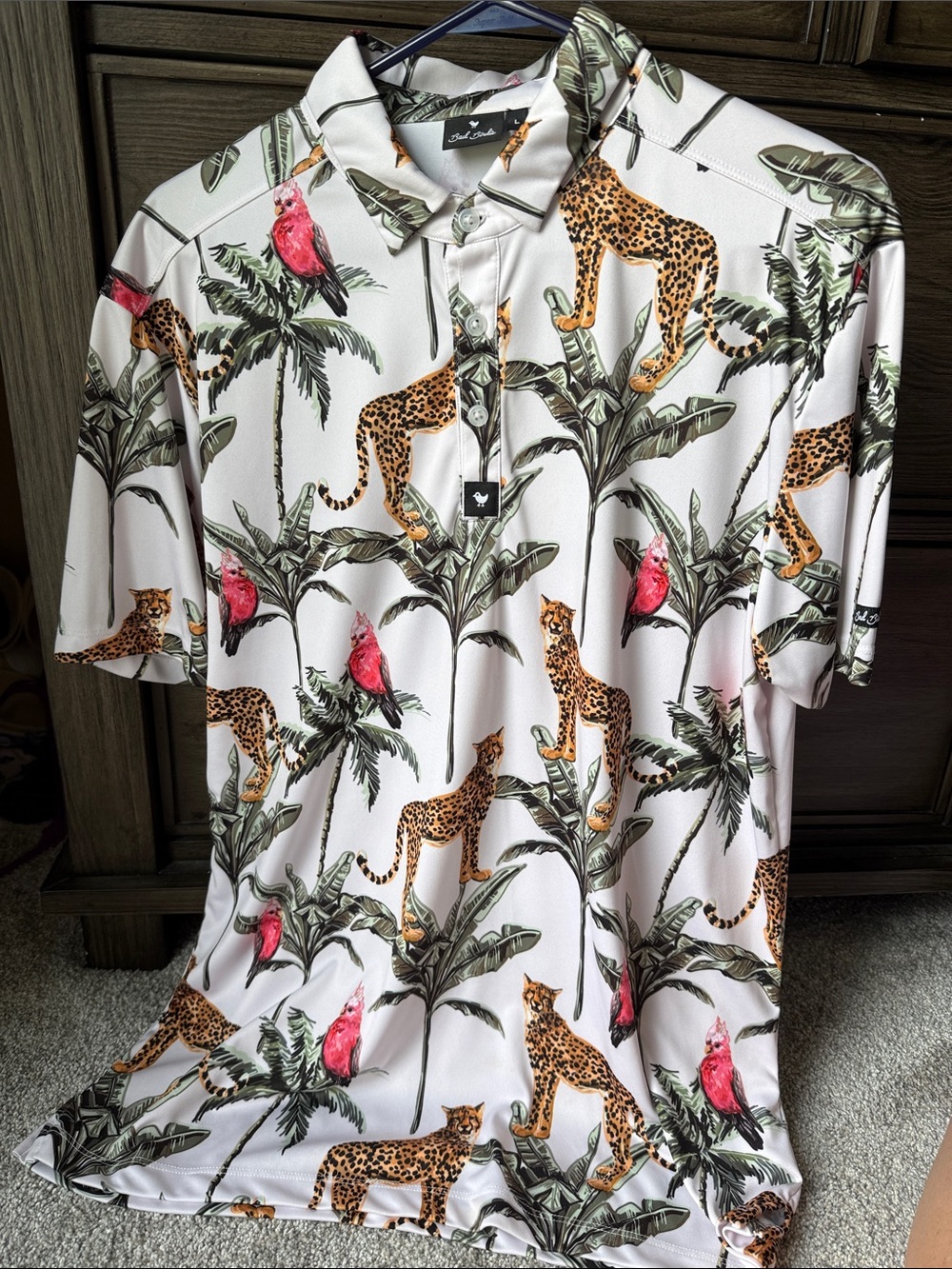 Bad birdie Men's White Tropical Leopard & Parrot Print Polo Shirt